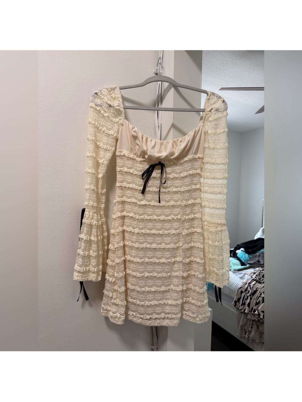 Cream Lace Tiered Mini Dress with Black Tie